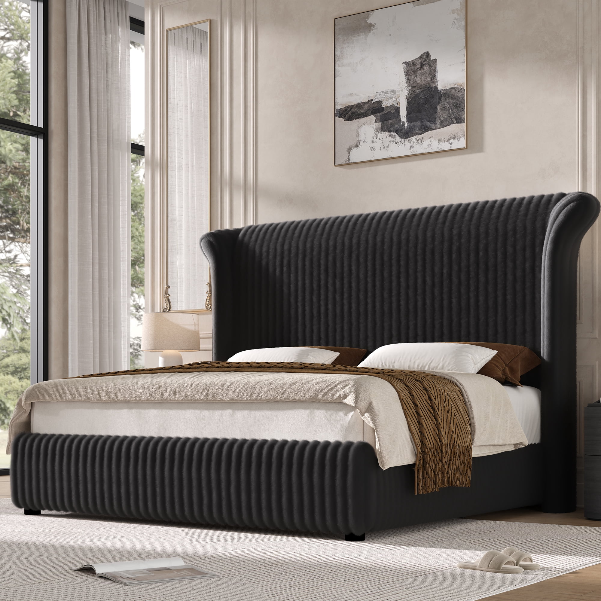 Hiphuta Corduroy Upholstered King Size Bed Frame with Headboard, LED Platform King Bed Frame with 55"H Tall Vertical Stripe Corduroy Wingback Headboard, Black