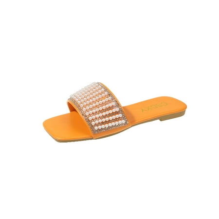 

SIMANLAN Women s Sandal Summer Slides Rhinestone Flat Sandals Ladies Stylish Slippers Womens Beach Shoes Orange 7.5