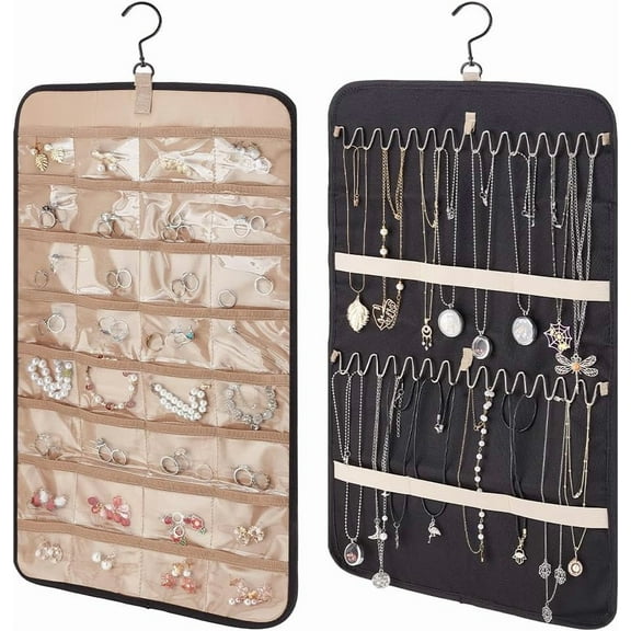 Hanging Jewelry Organizer Double-Sided Jewelry Holder 32 Pockets Accessories Organizer Storage Roll 24 Hooks Necklace Hanger for Earrings Necklaces Bracelet Rings on Closet Wall Door Black