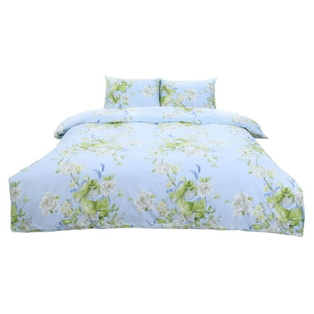 Light Blue Floral Bedding 100% Cotton Duvet Quilt Comforter Cover Floral Bedding Set With Pillowcases(3pcs Twin) Light Blue ()