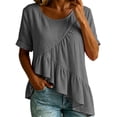 thumbnail image 1 of SZJXBUY Hauts en Lin pour Femmes, Blouse d'Été Chic Décontractée à Manches Courtes, Ourlet Volanté Plissé, Hauts Coupe Ample à Col Rond, T-Shirts Asymétriques Gris Foncé, L, 1 of 7