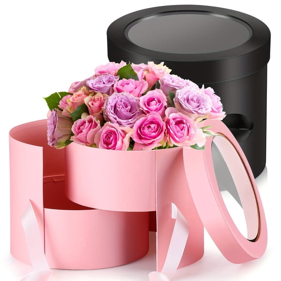 2Pcs Elegant Double-Layer Rotating Flower Boxes with Lids and Ribbons, 7.8x7.8x6.8 Inch Round Deluxe Gift Boxes, Pink & Black, Perfect for Valentine's Day, Weddings, Birthdays