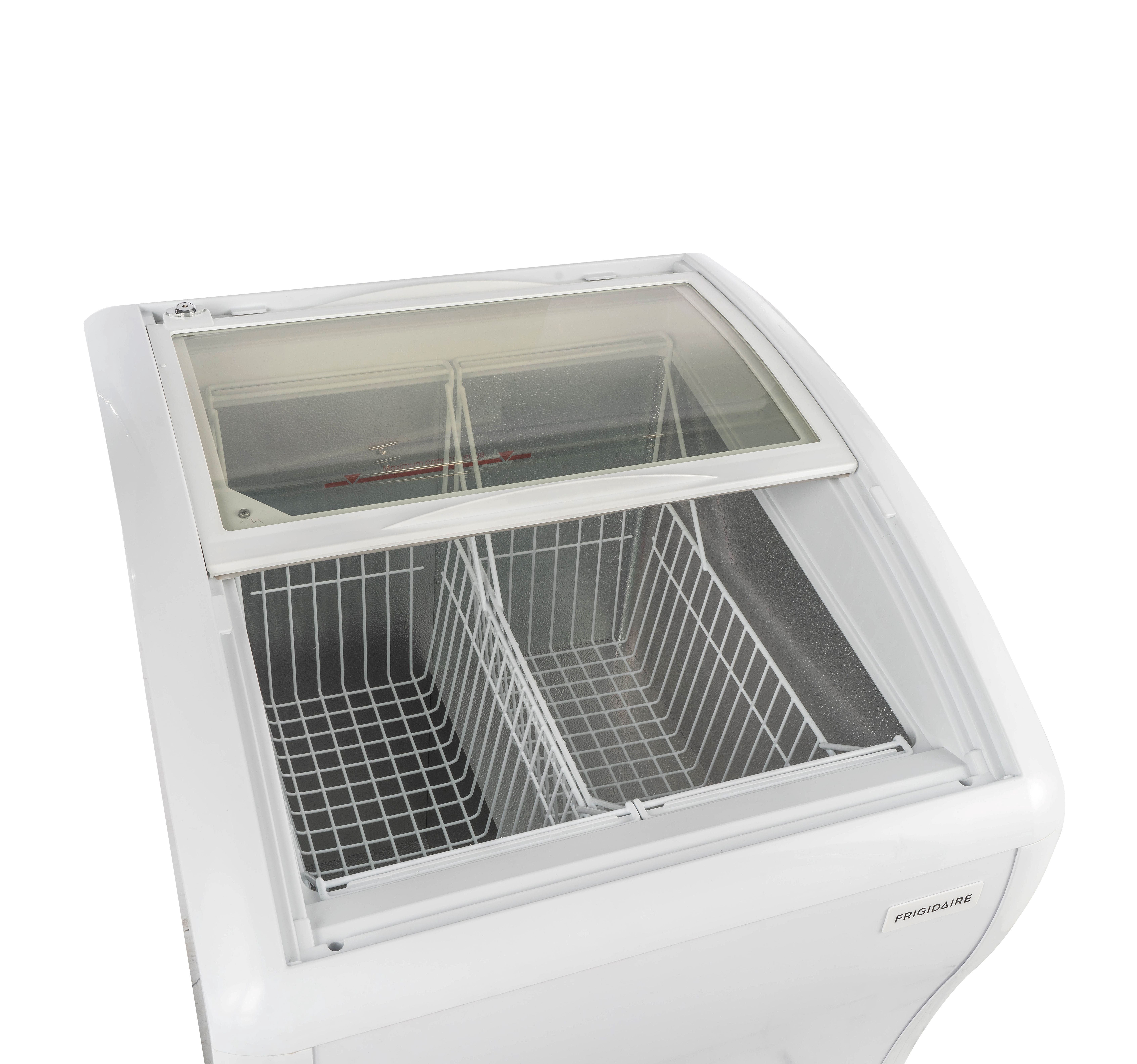 Frigidaire 4 Cu. ft. Curved Glass Top Display Freezer, Convertible 110L Fridge Freezer with Lockable Glass Door and Castor Wheels, White