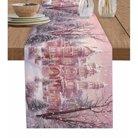 Ldtrchee Pink Christmas Table Runner 72 Inches, Pink Town Snowflake Xmas Tree Bed Runner Dresser Scarves Tabletop for Indoor Outdoor Parties/Ceremony/Banquet, 14" x 72"