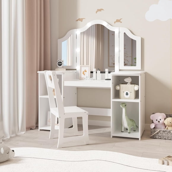 Para niños' 2-in-1 de madera vanity set con mirror-blanca includes stool tri-folding mirror y cajón removable top ideal para para little girls' pretend play makeup