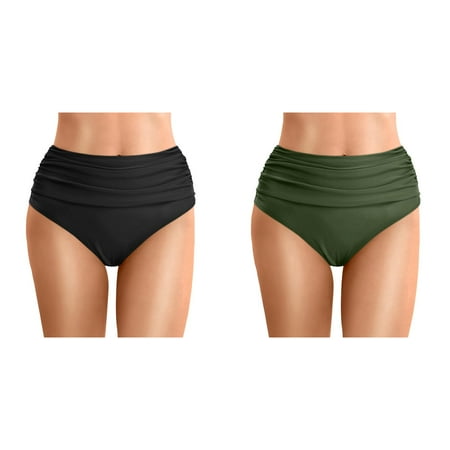 2 Pack(Black & Army Green) Women Plus Size High Waist Bikini Bottoms Swim Briefs Beach Shorts Ruched Bottom High Cut Swim Bottom Full Coverage Swimsuit Bottom S