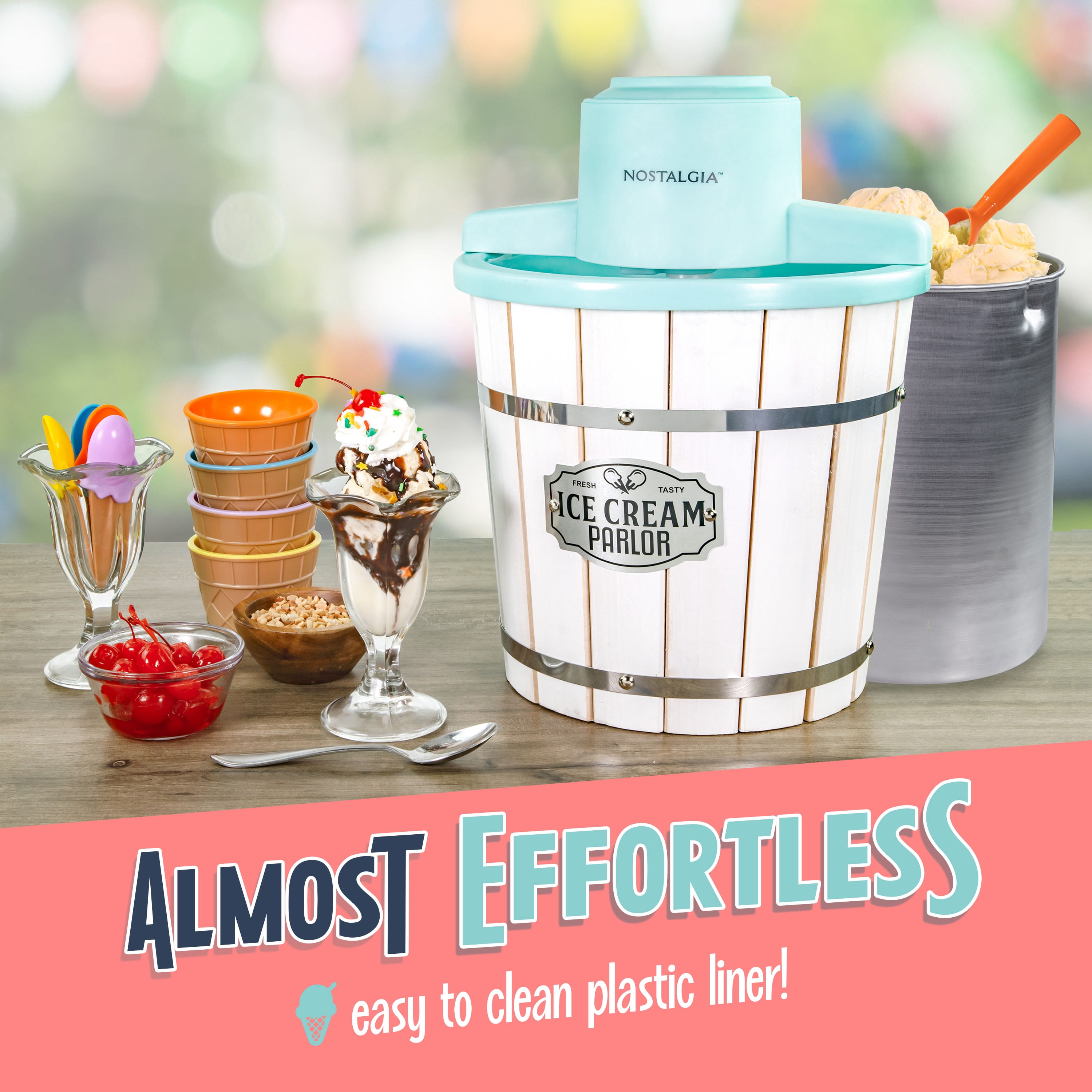 Nostalgia 4-Quart Electric Parlor-Style Ice Cream Maker With Carrying Handle, Aqua
