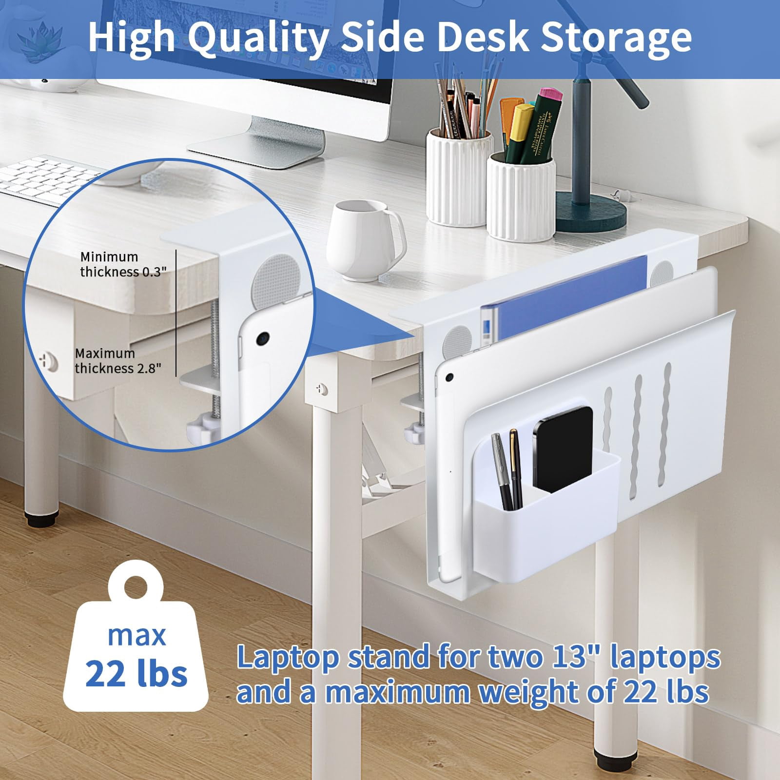 Desk Side Storage  Steel Organizer No Drill Laptop Holder Clamp On Mount With Pen Table Hanging For Home Office Fits Flat Edge Tables 0.3" To 2.8"