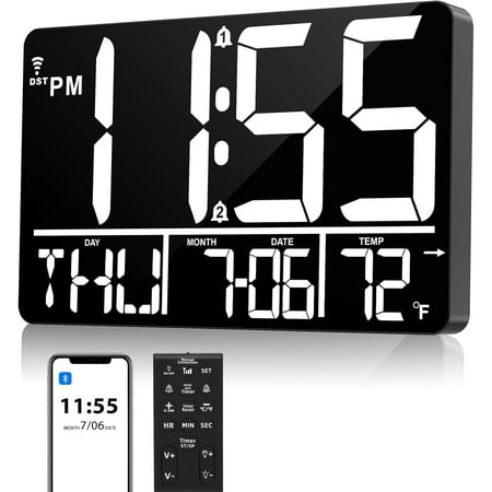 13 Bluetooth Auto Sync Wall Clock - Large Digital Alarm Clock with Remote, 25 Ringtones, Dual Alarm, Adjustable Brightness, 12/24H, Auto DST, for Living Room, Kitchen, Office, Elderly