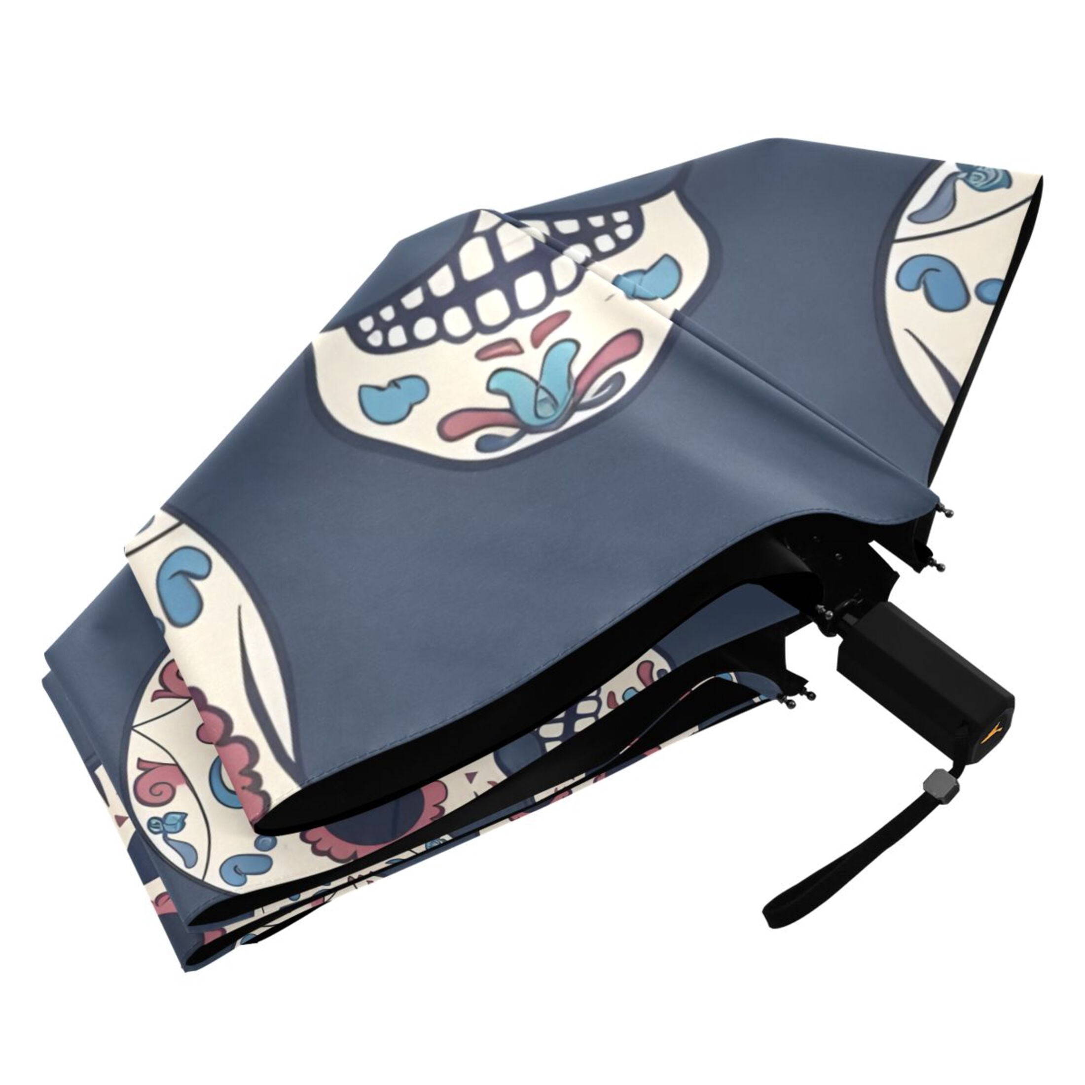 Skull with Mustache Compact Sun Umbrella Windproof Travel Umbrellas for Rain Strong Portable UV Protection