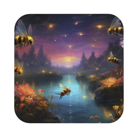 

Giroia Magical Bees Twilight River Coasters Leather Coasters Set of 6 Coaster for Drinks Square