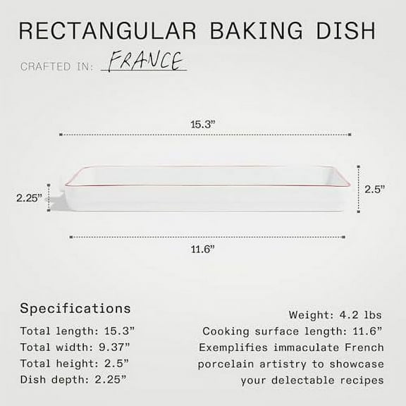 Made In Cookware - Rectangular Baking Dish - Red Rim - Hand Crafted Porcelain - Professional Bakeware - Made in France
