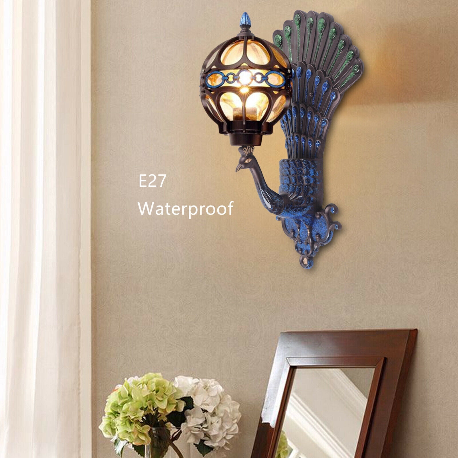 Antique Vintage Peacock Wall Light Waterproof Fixture Wall Sconce Porch Lamp for Living Room