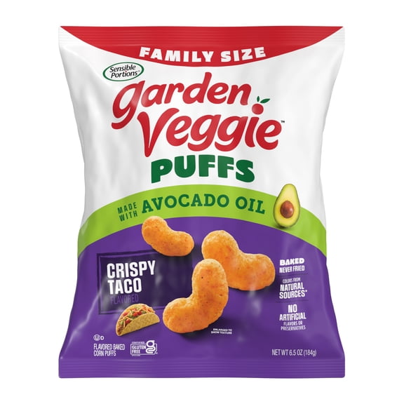 Sensible Portions Garden Veggie Puffs Made with Avocado Oil, Crispy Taco Flavor, 6.5 oz Bag