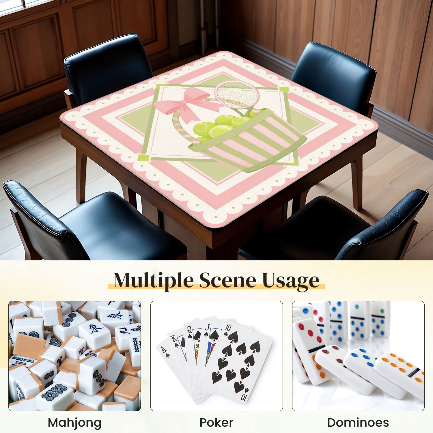 Mahjong Mat 31.5" x 31.5" Pastel Tennis Basket Green Pink Stripes Tennis Balls Racket Non-Slip Noise Reduction Mahjong Tiles Table Cover for Dominoes Poker Card Board and Tile Games