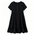 thumbnail image 7 of Qulqfy Summer Dresses for Women Cotton Linen Scoop Neck Plus Size Midi Dress Short Sleeve Black Casual Ruffle Button Vacation Sundress L, 7 of 7