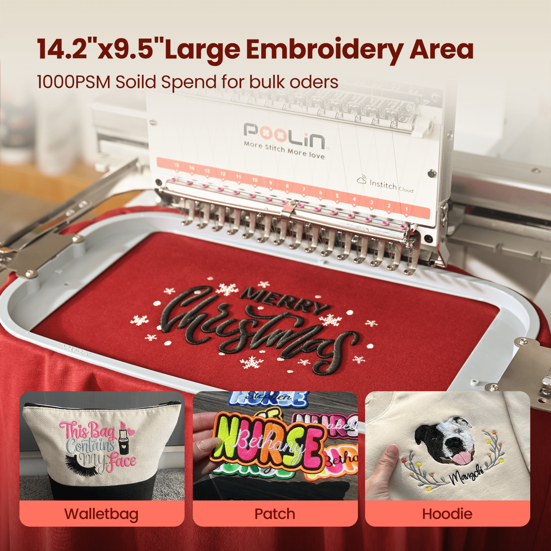 Poolin EOM-RE Commercial Embroidery Machine 15 Needle 14.2X9.5'' Large Embroidery Area,12" Touch Screen for Small Embroidery Businesses