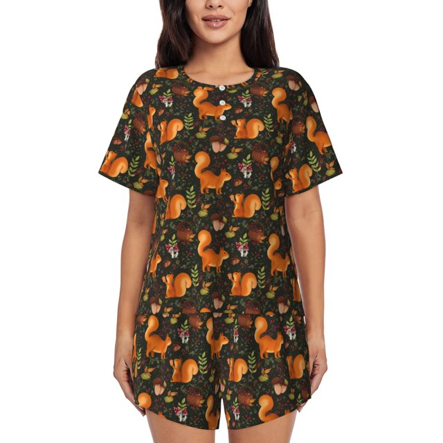 Fotbe Festive Squirrels Dark Forest Conjunto de Pijama Estampado para Mujer, 2 Piezas, Ropa de Dormir con Camiseta de Manga Corta y Shorts Suaves-X-Large