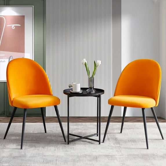 Dining Chairs Set of 2, Velvet Upholstered Comfy Living Room Chairs, Modern Vanity Chair with Ergonomic Backrest and Metal Legs for Dining Room Bedroom, Orange