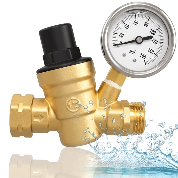 Water Pressure Regulator Valve, RV Brass with Gauge and Inlet Screened Filter for Camper Trailer
