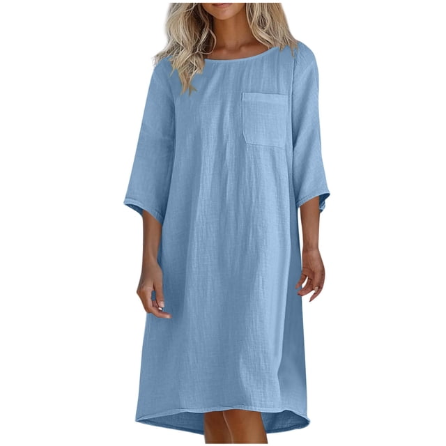 Liquidation d'Été 2025! Robe Grande Taille pour Femmes, Liquidation de Robe d'Été pour Femmes, Mode Décontractée d'Été pour Femmes Col Rond Manches 3/4 Robes de Plage Unies avec Poches