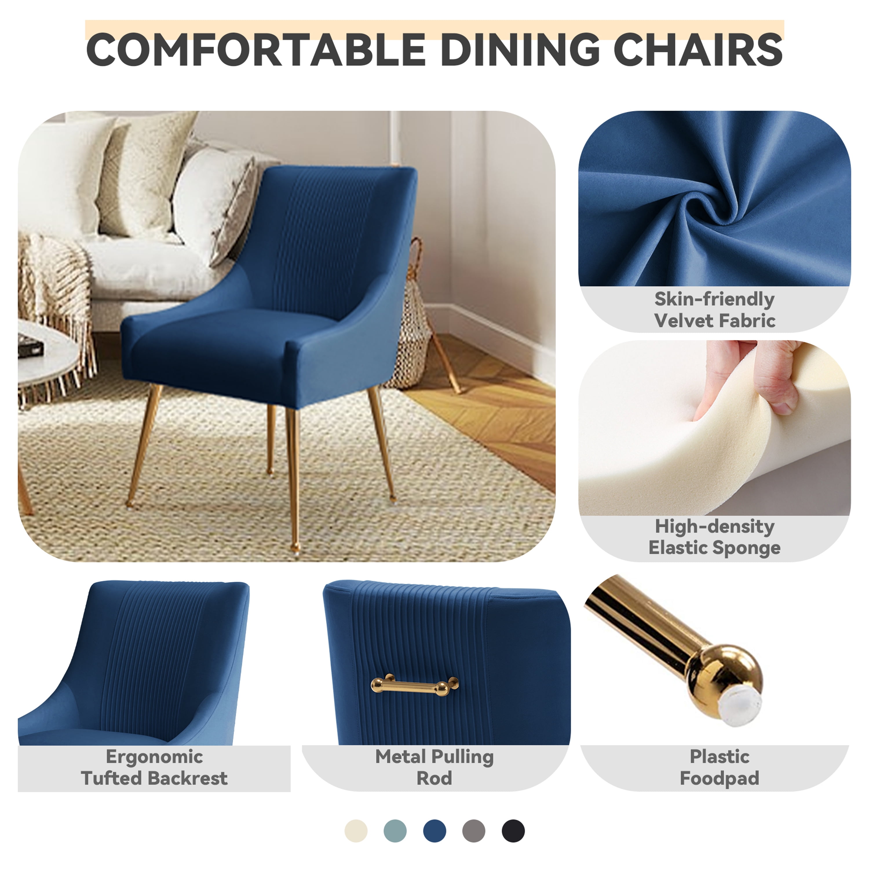 SEYNAR Modern Glam Boucle Pleated Velvet Accent Dining Chair, Set of 6 for Living Room with Rear Handle（Navy）