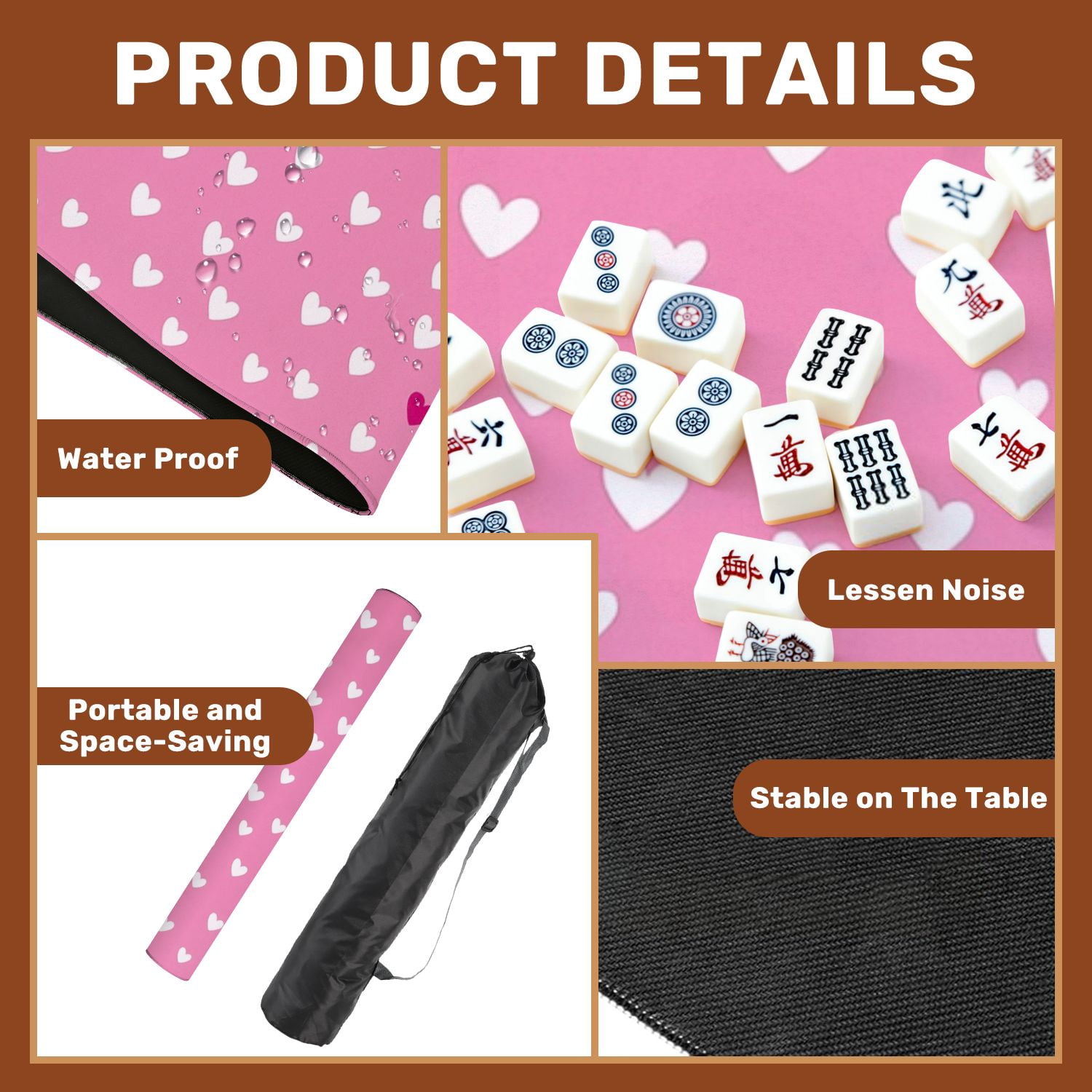 Mahjong Mat 31.5" x 31.5" Pink Heart White Red Hearts Soft Pink Non-Slip Noise Reduction American Mahjong Tiles Table Cover for Dominoes Poker Card Board Games Gift