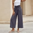 thumbnail image 4 of Ohufall Womens Solid Color Pants Elastic Waist Drawstring Pant Fashion Wide Leg Breathable Comfort Casual Pants, 4 of 6