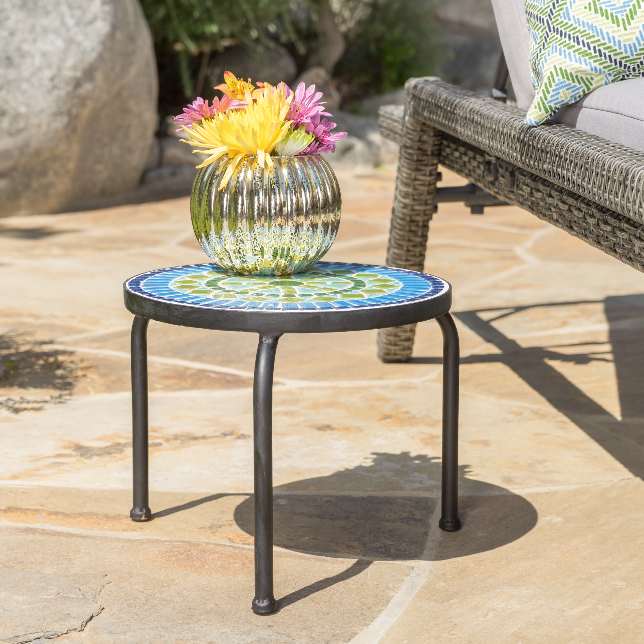 Noble House Martina Outdoor Ceramic Tile Side Table with Iron Frame
