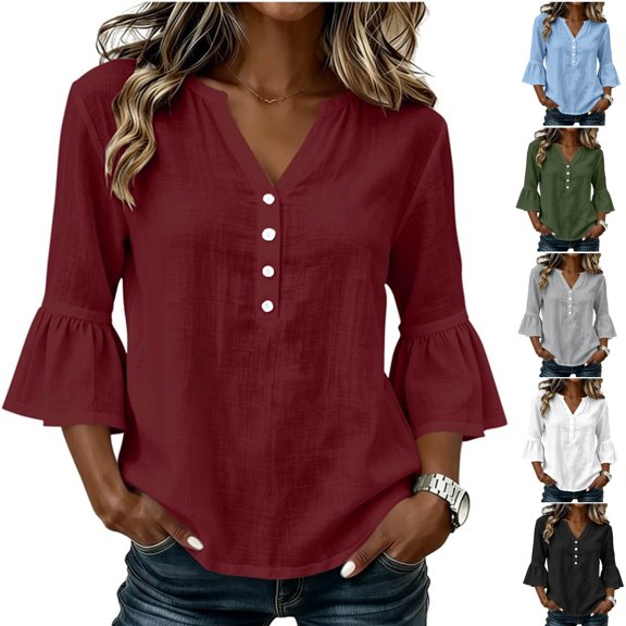hoksml Women's V Neck Partial Button 3/4 Bell Sleeve Blouse, Curved Hem Linen Texture Casual Tunic Top for Office Daily Wear