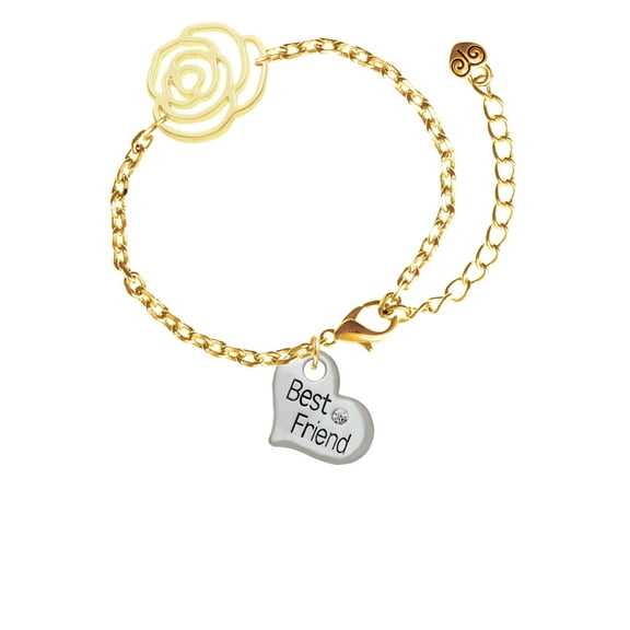 Delight Jewelry Silvertone Large ''Best Friend'' Heart Gold-tone Flower Link Chain Bracelet, 6.75" 2" Extender