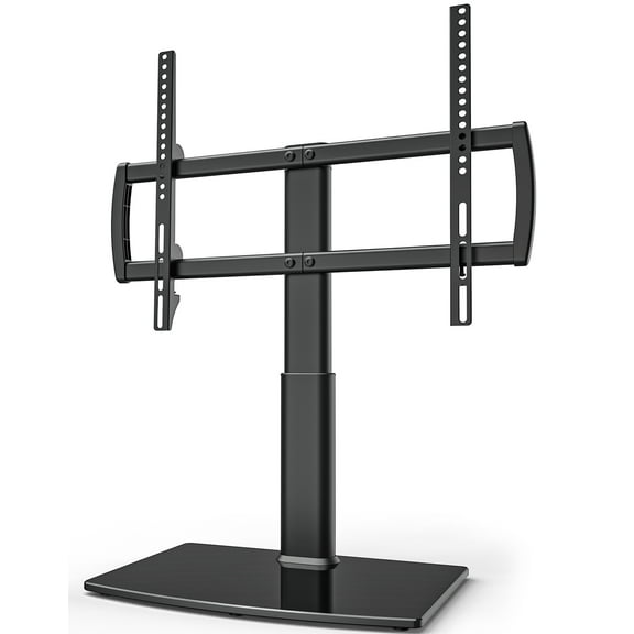 Universal TV Stand/ Base Tabletop TV Stand with Wall Mount for 32 to 65 inch 4 Level Height Adjustable, Heavy Duty Tempered Glass Base, Holds up to 99lbs Screens, HT03B-002