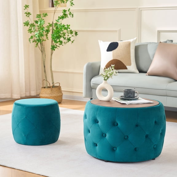 Lisonu Velvet Nesting Ottomans 2-Piece Set - Round Storage Ottoman with Removable Wood Tray, 4-in-1 Footstool & Coffee Table, Plush Blue Velvet, Durable Wood Frame, Fully Assembled