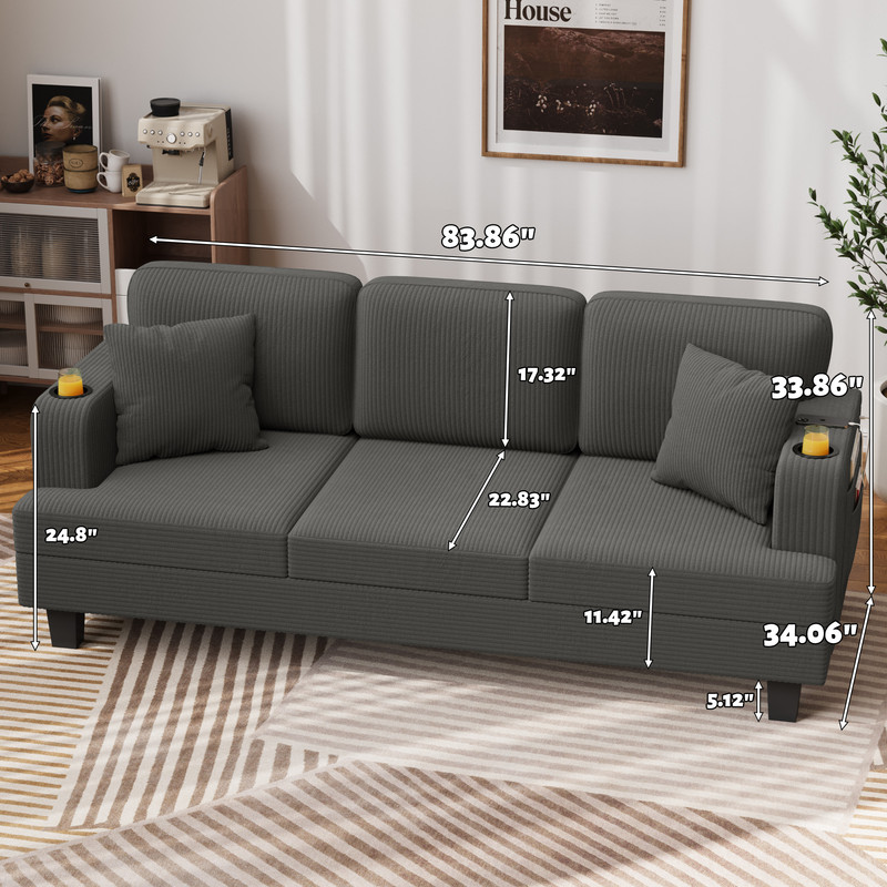 Homall 84''W Modern Sofa 3 Seat Adult Corduroy Couch with Wide Armrest Fabric Couch with USB Charging Ports for Living Room, Gray