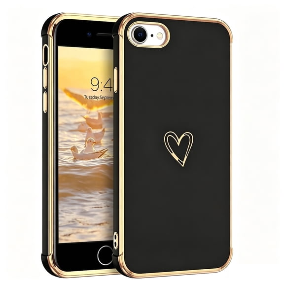 for Love iPhone SE 2022/2020 Case, Soft TPU Protective Case, Flexible Electroplating - Black
