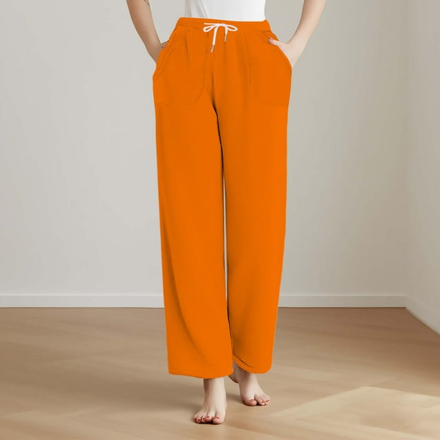 Pisexur Women Pajama Pants Soft Long Sleep Lounge Pants Drawstring Floral with Pocket Orange #01,L