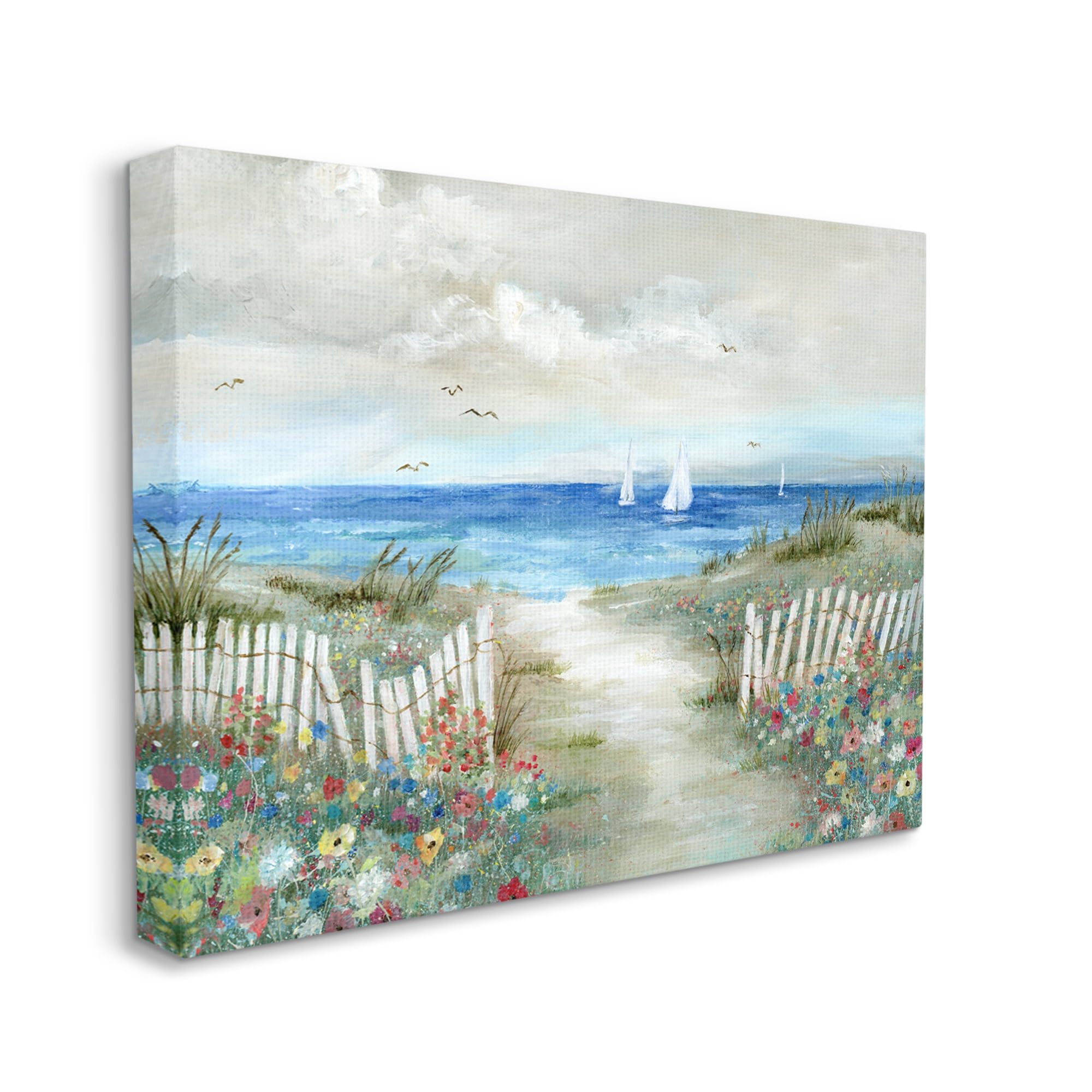 Stupell Industries Tranquil Beachside Flower Meadow Ocean Sailboats Scene Painting Gallery Wrapped Canvas Print Wall Art, Design by Nan