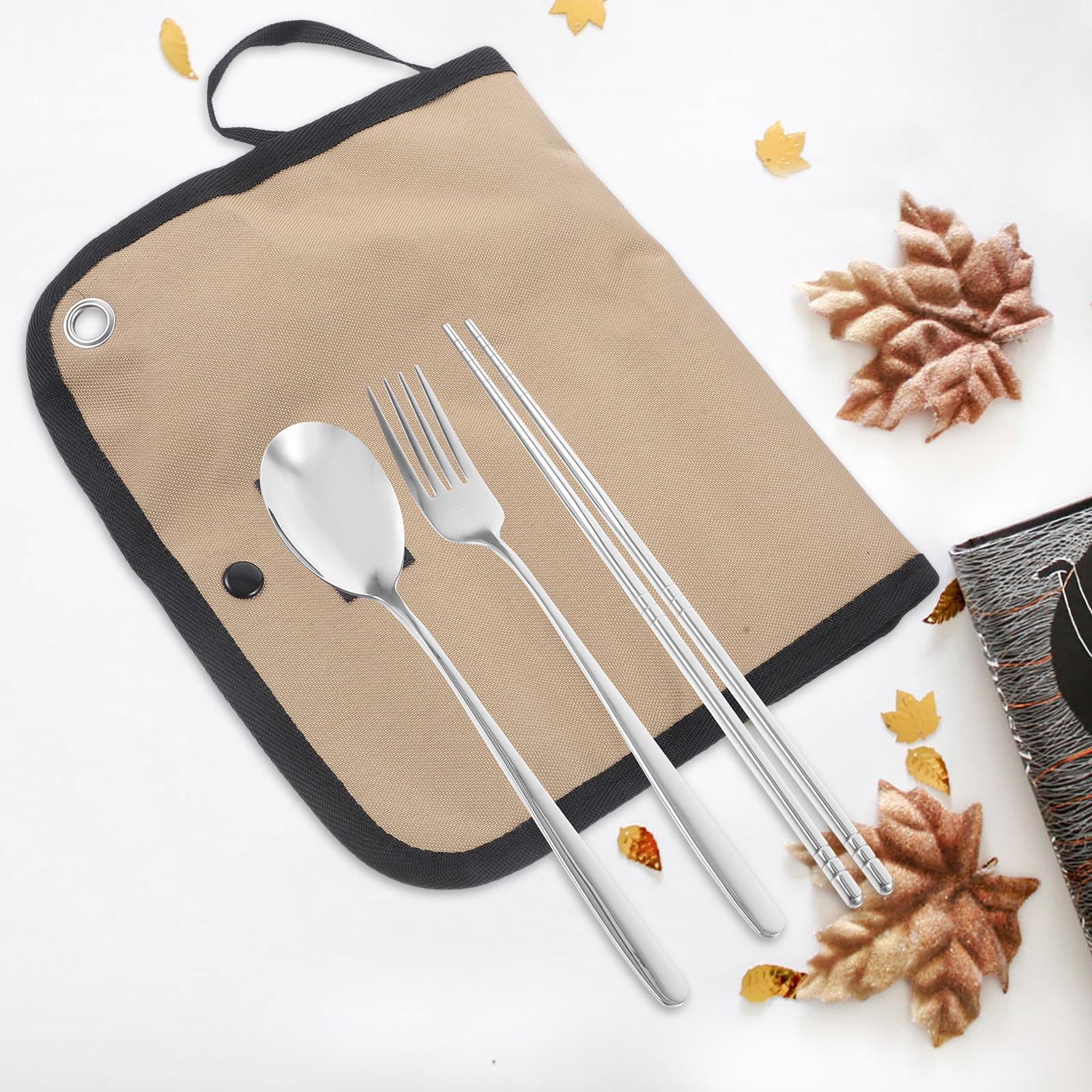 LULULION Portable Utensil Holder Stainless Steel 1 Set Silver for Picnic