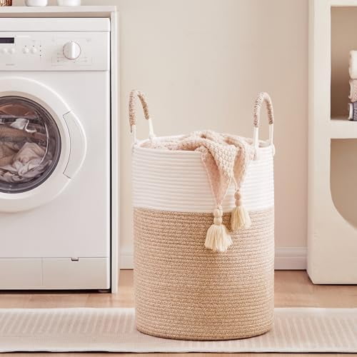 60L Hamper Laundry Basket Tall Woven Clothes Hamper for Baby Girls Nursery Kids Cotton Rope Blanket Basket in Living Room Bathroom Bedroom Brown 15Dx20H inches Large