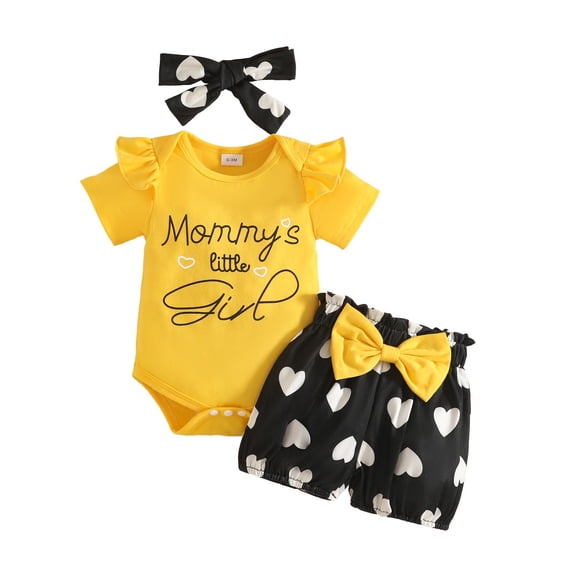 Bobifish Baby Girls Sets Short Sleeve Letter Print Romper Heart Prints Bow Shorts Headband 3 Piece Girls Everyday Sets