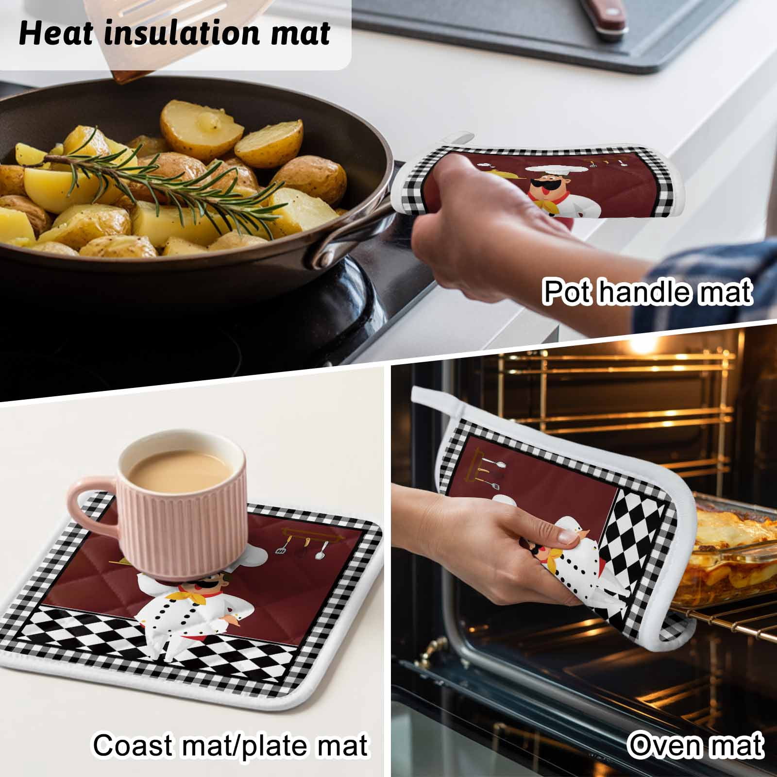 Red Kitchen Chef Pot Holders for Kitchen Heatproof Potholder, 3 Pack Black Plaid Gourmet Food Vintage Hot Pads Multipurpose Oven Pads Cloth Potholders Trivet for Cooking Baking