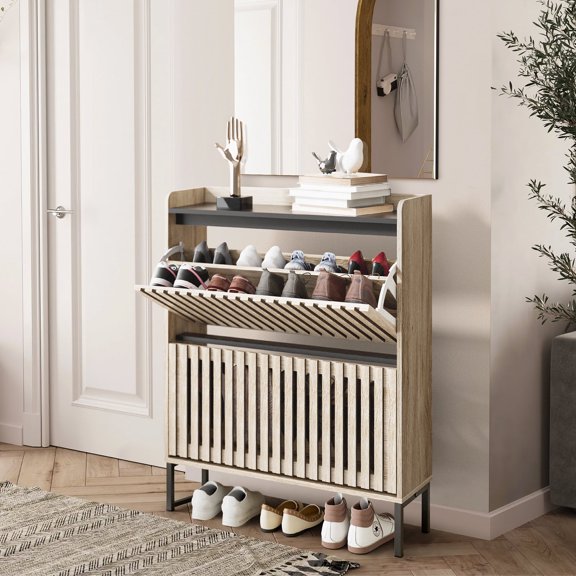 Fluted Shoe Cabinet Storage, Shoe Storage Cabinet with 2 Flip Drawers, 31.4" W Hidden Shoe Cabinet Rack Storage, Narrow Free Standing Shoe Orgnaizer for Entryway, Hallway