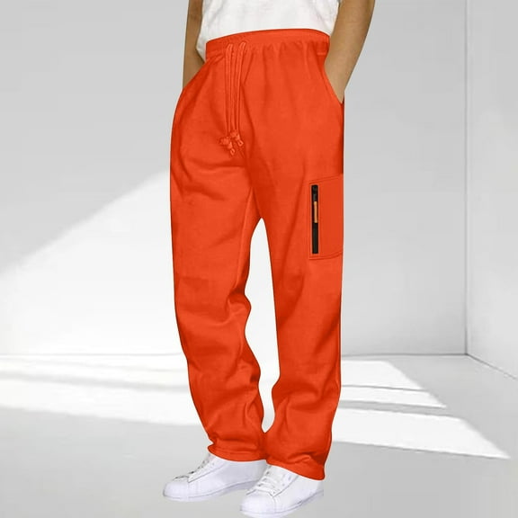 COSFO Baggy Sweatpants for Men with Pockets Orange Wide Leg Oversize Athletic Open Bottom Pants Running Drawstring Workout Loose Fit Elastic Waist Trousers Mens Sweatpants