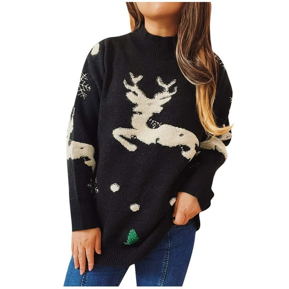 Luxalzxs Ugly Christmas Sweaters for Women 2023 Christmas Snowflake Reindeer Long Sleeve Round Neck Knit Pullover Sweater