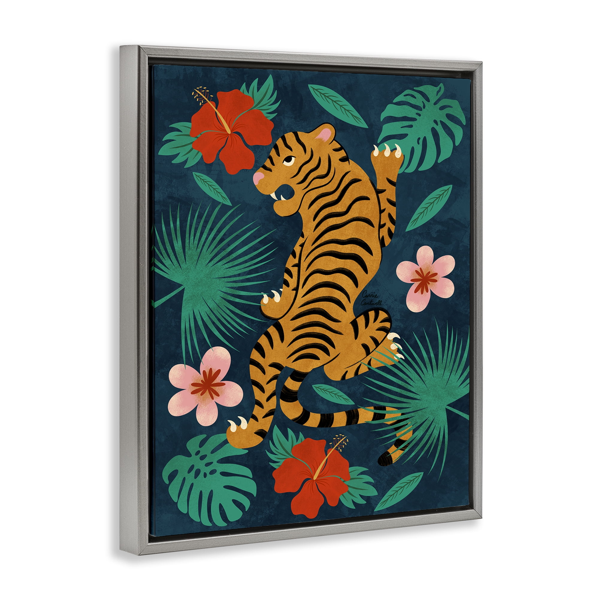 Stupell Industries Climbing Tiger Tropics Animals Painting Gray Floater Framed Canvas Art Print Wall Art, 25 x 31