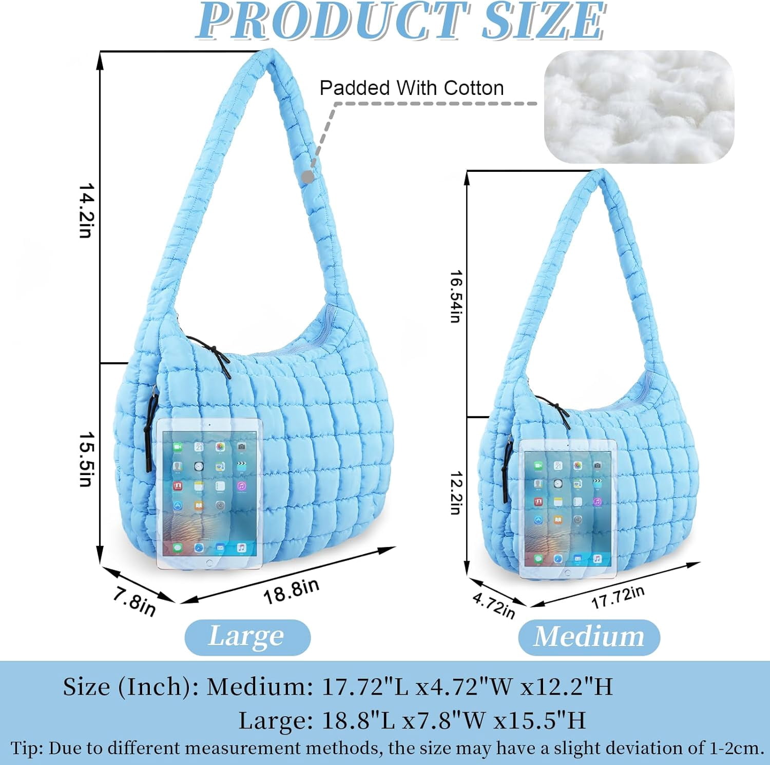Lohol Quilted Puffer Tote Bag for Women - Large Crossbody Bag, Lightweight Nylon Puffy Carryall Hobo Puff Shoulder Bag-Blue