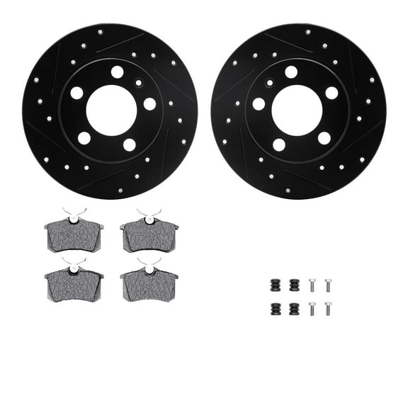 Dynamic Friction Company Rear Brake Rotors-Drilled and Slotted-Black with 5000 Euro Ceramic Brake Pads includes Hardware 8612-74022