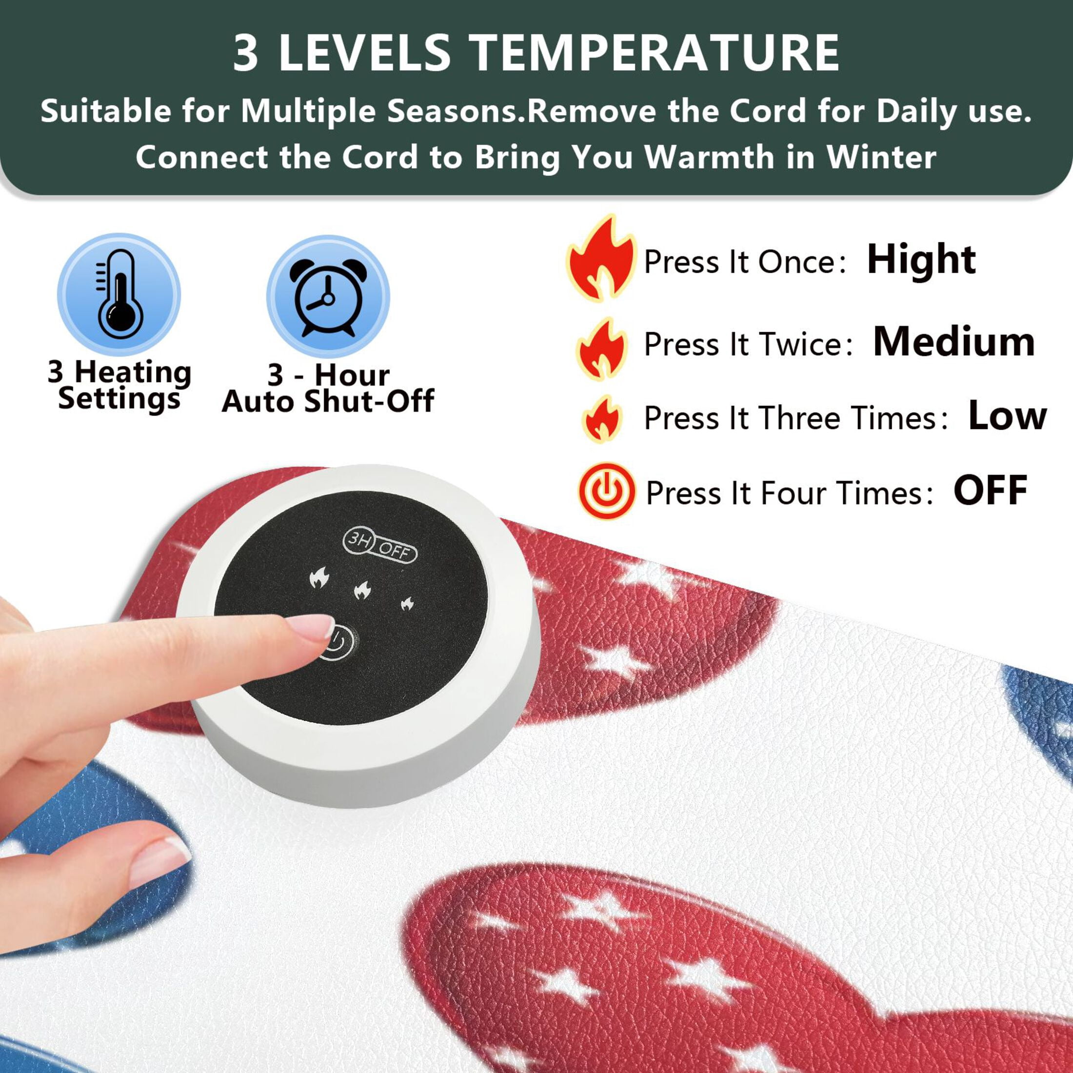 Large Heated Desk Mat Mouse Pad 31.5"x13"PU Leather Graphene Heating Desk Warmer with 3 Temperature Settings 110V US Plug Non-Slip Warm Pad for Home, Office, and Gaming Patriotic Star Hearts Print
