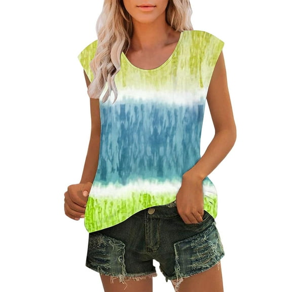 DQRPSEETB Tank Top for Women Cotton Cap Sleeve Tops for Women Trendy Tie Dye Shirts 2024 Summer Casual Loose Fit Color Block Crew Neck Blouses Graphic Tees Clothes for Women
