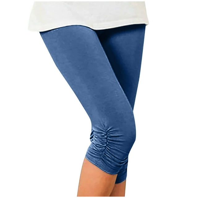Stretch Soft High Waisted Capri Jeggings Womens Side Ruched/Lace Summer Beach Casual Short Leggings Plus Size (Large, Blue)